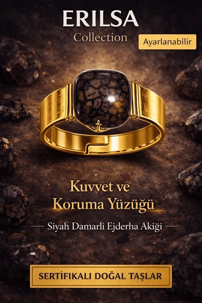 Sertifikalı Ejderha Akik Doğal Taş Yüzük Siyah Akik Ayarlanabilir El Yapımı ürün görseli 1