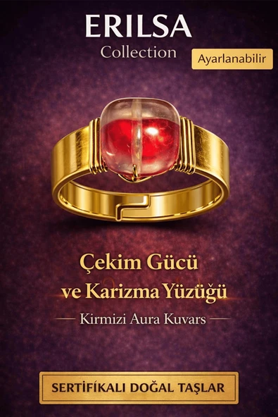 Sertifikalı Kırmızı Aura Kuvars Doğal Taş Yüzük – Çekim Gücü ve Karizma Ayarlanabilir ürün görseli 1
