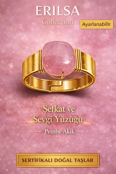 Sertifikalı Şeffaf Pembe Akik Doğal Taş Yüzük – Şefkat ve Sevgi Ayarlanabilir ürün görseli 1
