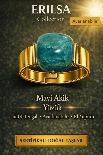 Sertifikalı Mavi Akik Yüzük Doğal Taş Yüzük Ayarlanabilir El Yapımı Enerji Taşı ürün görseli 1