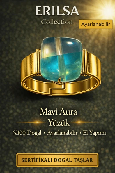 Sertifikalı Mavi Aura Kuvars Yüzük Doğal Taş Yüzük Ayarlanabilir El Yapımı Enerji Taşı ürün görseli 1