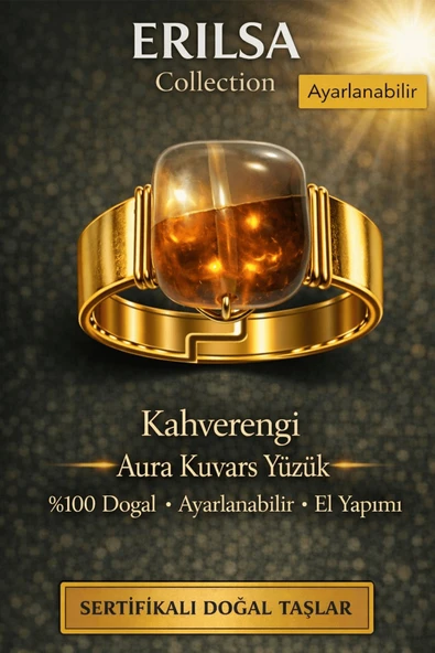 Sertifikalı Kahverengi Aura Kuvars Yüzük Doğal Taş Yüzük Ayarlanabilir El Yapımı Enerji Taşı ürün görseli 1