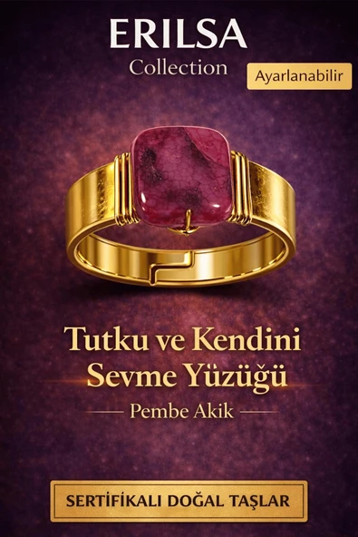 Sertifikalı Pembe Akik Doğal Taş Yüzük – Tutku ve Kendini Sevme Ayarlanabilir ürün görseli 1
