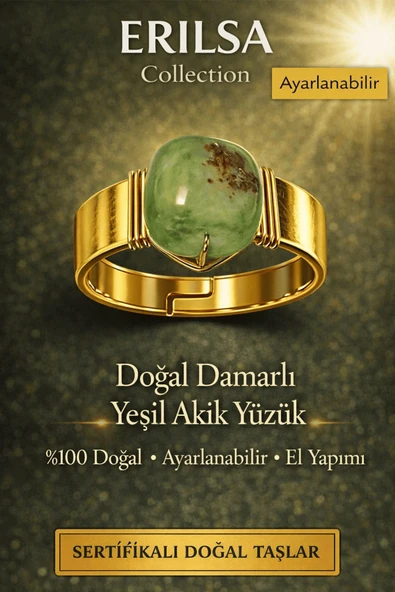 Sertifikalı Yeşil Akik Doğal Taş Yüzük Ayarlanabilir El Yapımı Enerji Taşı ürün görseli 1