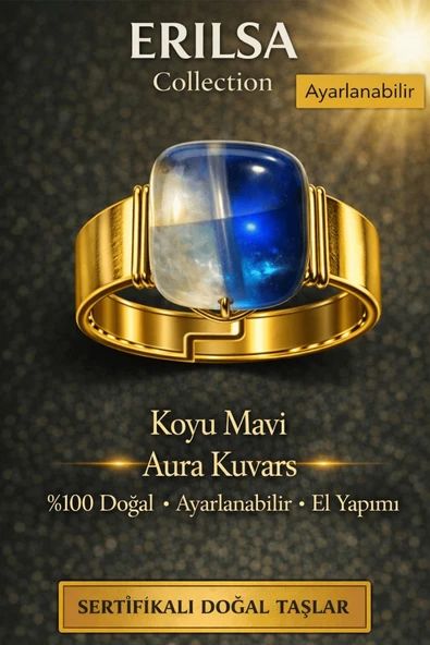 Sertifikalı Koyu Mavi Aura Kuvars Yüzük Doğal Taş Yüzük Ayarlanabilir El Yapımı ürün görseli 1