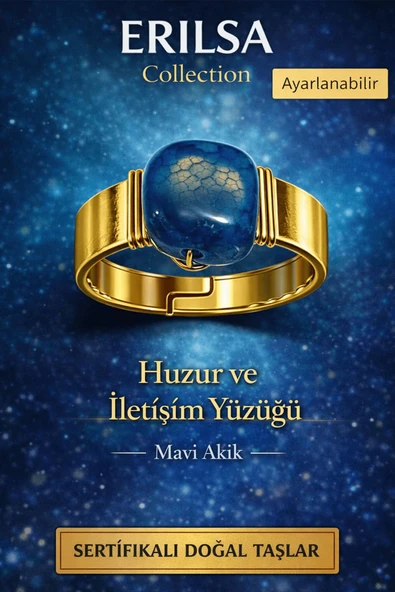 Sertifikalı Huzur ve İletişim Yüzüğü Mavi Akik Doğal Taş Yüzük Ayarlanabilir El Yapımı ürün görseli 1