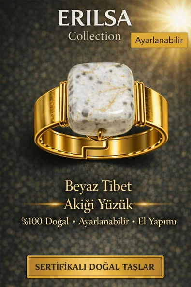 Sertifikalı Beyaz Tibet Akik Yüzük Doğal Taş Yüzük Ayarlanabilir El Yapımı Enerji Taşı ürün görseli 1