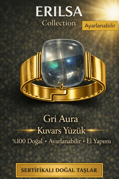 Sertifikalı Gri Aura Kuvars Yüzük Doğal Taş Yüzük Ayarlanabilir El Yapımı Enerji Taşı ürün görseli 1