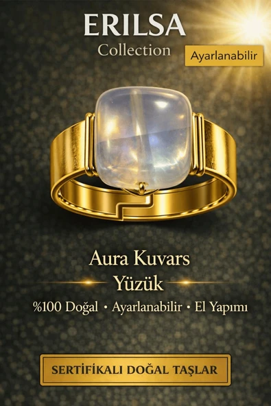 Sertifikalı Aura Kuvars Yüzük Doğal Taş Yüzük Ayarlanabilir El Yapımı Enerji Taşı ürün görseli 1