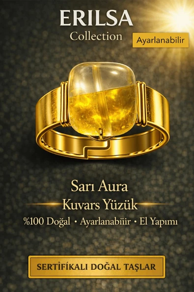 Sertifikalı Sarı Aura Kuvars Yüzük Doğal Taş Yüzük Ayarlanabilir El Yapımı Enerji Taşı ürün görseli 1