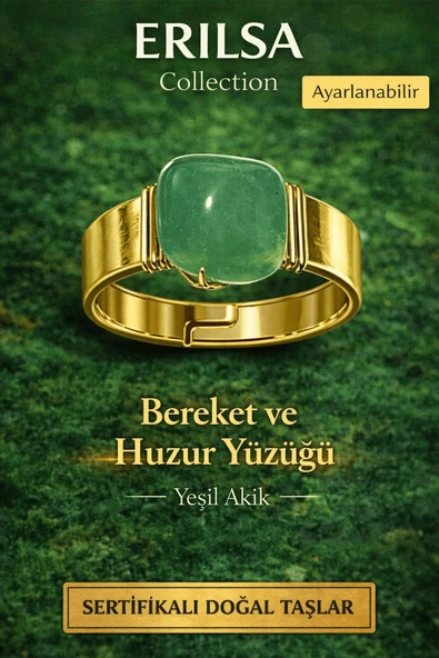 Sertifikalı Bereket ve Huzur Yüzüğü Yeşil Akik Doğal Taş Yüzük Ayarlanabilir El Yapımı ürün görseli 1