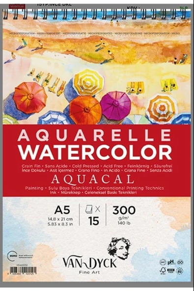 Van Dyck Sulu Boya Resim Defteri Blok Aquacal İnce Dokulu Cldpres A5 Üstten Spiralli 15 Yaprak VD420312 ürün görseli 1