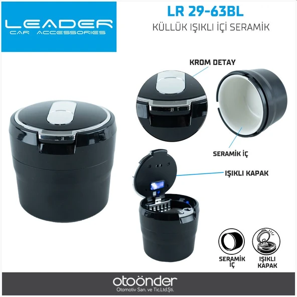 Leader LR29-63BL Işıklı Araç Küllüğü Seramik İç Hazneli Krom Detay Kapaklı Oto Küllük ürün görseli 1