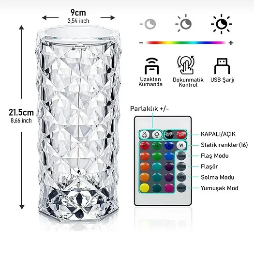 Kristal Elmas Led Dokunmatik Şarjlı Kumandalı Masa Lambası RGB ürün görseli 1