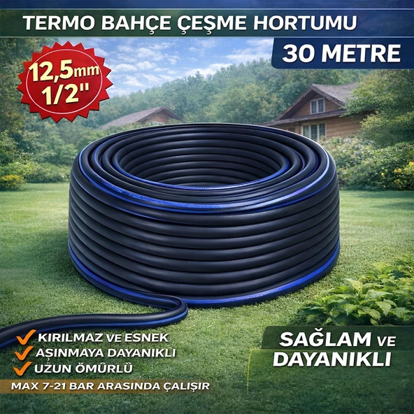 Termo Kauçuklu Bahçe Hortumu 30 Metre Dayanıklı 3 Katlı Sağlam Su Sulama Yıkama Hortum 12.5 mm 1/2" ürün görseli 1
