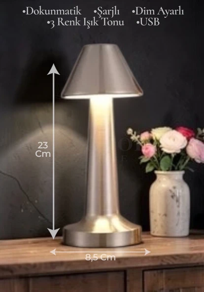 Dokunmatik Masa Ve Gece Lambası Dokunmatik Lamba Abajur Led Şarjlı Masa Lambası Ledli Silver 23cm ürün görseli 1