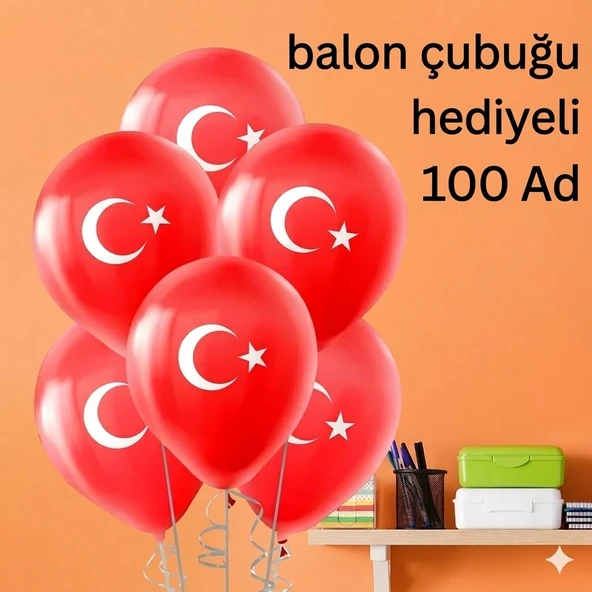 Türk Bayrağı Balon 12 Inç-30 cm 100 Adet-Balon Çubuğu Hediyeli 100 Adet ürün görseli 1