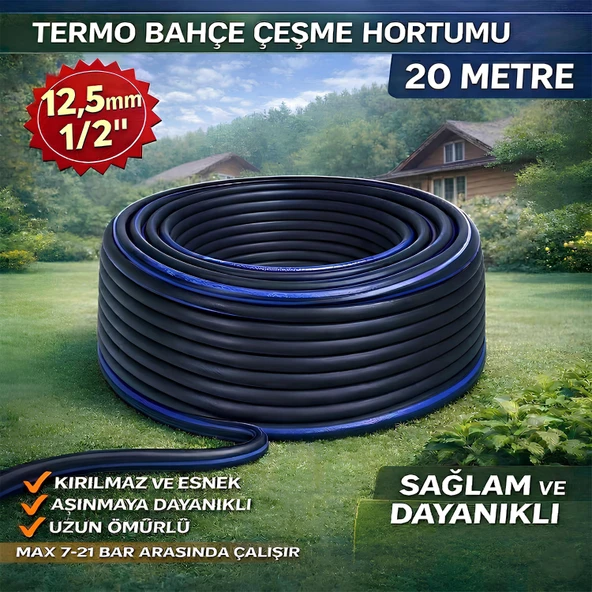 Termo Kauçuklu Bahçe Hortumu 20 Metre Dayanıklı 3 Katlı Sağlam Su Sulama Yıkama Hortum 12.5 mm 1/2" ürün görseli 1
