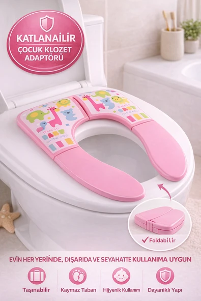 Pembe Katlanabilir Çocuk Klozet Adaptörü Taşınabilir Kaymaz Tuvalet Eğitimi Aparatı ürün görseli 1