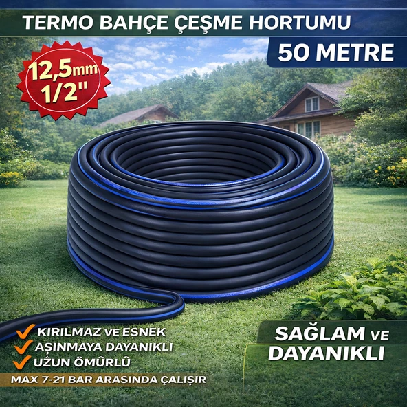 Termo Kauçuklu Bahçe Hortumu 50 Metre Dayanıklı 3 Katlı Sağlam Su Sulama Yıkama Hortum 12.5 mm 1/2" ürün görseli 1