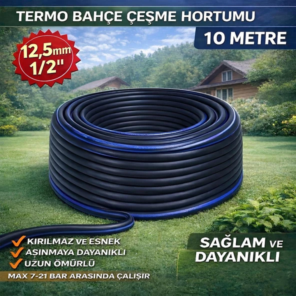 Termo Kauçuklu Bahçe Hortumu 10 Metre Dayanıklı 3 Katlı Sağlam Su Sulama Yıkama Hortum 12.5 mm 1/2" ürün görseli 1