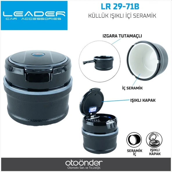 Leader LR29-71B Işıklı Araç Küllüğü Seramik İç Hazneli Kapaklı Izgaralı Oto Küllük ürün görseli 1