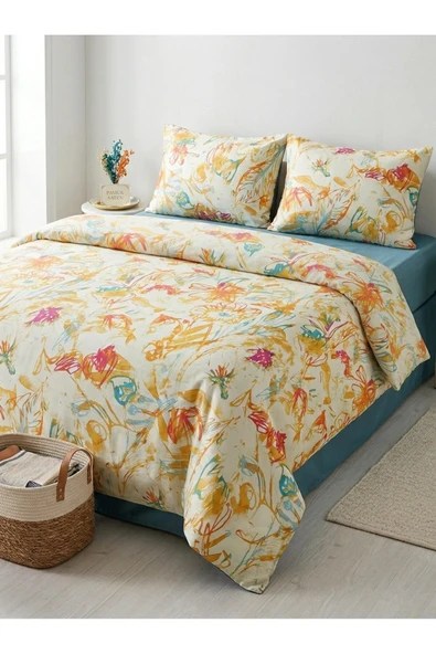 ELEGANCEHOME Pamuk Saten Çift Kişilik Nevresim Takımı - Lastikli Çarşaflı - 4 Parça Modern Desenli Set ürün görseli 1