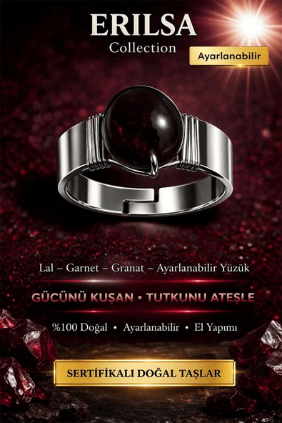 Sertifikalı Lal Garnet Granat Taşı Yüzük Doğal Taş Ayarlanabilir El Yapımı Şık Tasarım ürün görseli 1