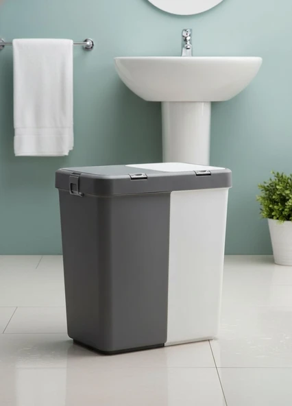 Çamaşır Sepeti İki Bölmeli Kirli Sepeti Antrasit-Beyaz 80 Litre ürün görseli 1