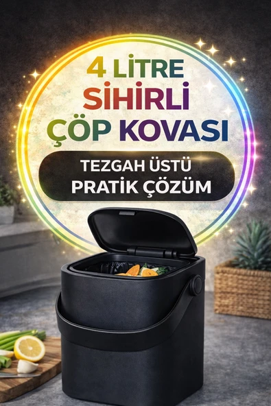Siyah Akıllı Kapaklı Tezgah Üstü Çöp Kovası İç Kovalı Tutma Saplı Pratik Mutfak Çöp Kutusu 4 Litre ürün görseli 1