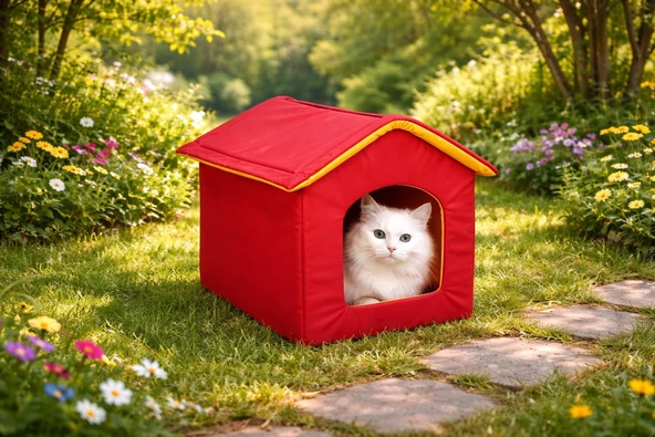 PIRIL Dış Mekan Su Geçirmez Sabitlenebilir Fermuarlı Jumbo Kedi Köpek Evi SARI KIRMIZI 52x48x48cm ürün görseli 1
