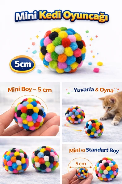Mini Ponpon Kedi Oyuncak Topu 5 cm ( 2 Adet ) – Yumuşak Renkli Sessiz Kedi Oyun Topu ürün görseli 1