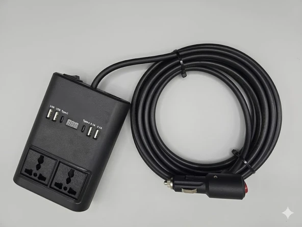 Araç Inverter 150W,Çakmak Uzatma Kablosu Çakmaklık,4 USB,2 Type-C çıkışlı 12V/16 A /120W 2 X1,5mm TTR Bakır 5Mt-GG25 ürün görseli 1