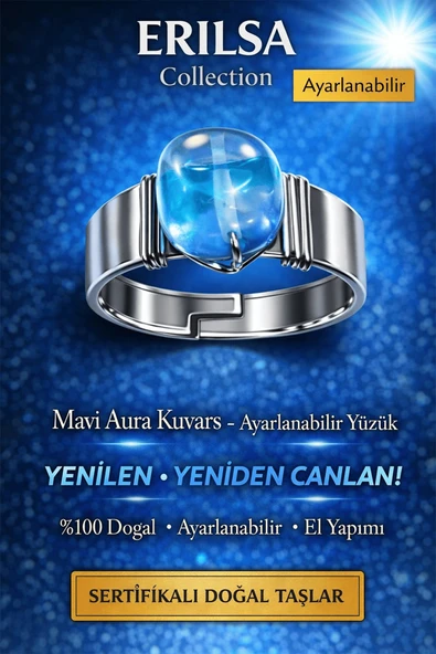 Sertifikalı Mavi Aura Kuvars Yüzük Doğal Taş Ayarlanabilir El Yapımı Enerji Taşı ürün görseli 1