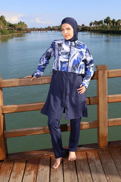 Estiva 26977 Lacivert  Blue Motion Tam Kapalı Croplu Pantolonlu Tesettür Mayo ürün görseli 1