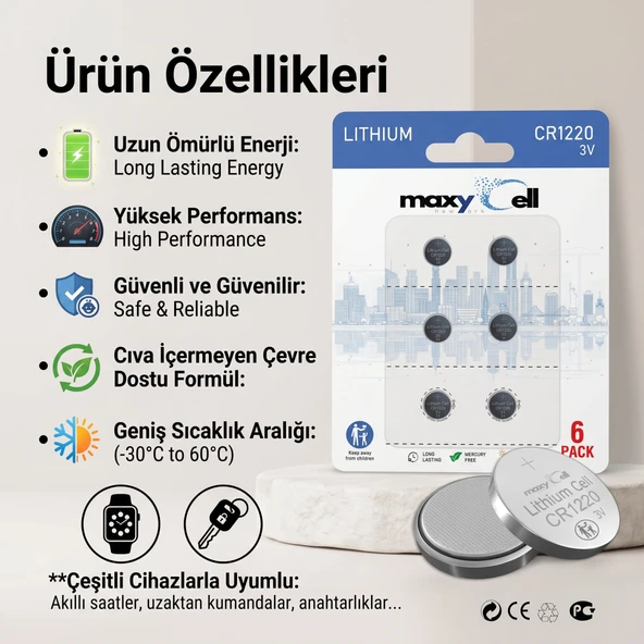 Maxycell 6 Adet CR1220 DL1220 1220 LIR1220 3V Maxycell Lityum Pil Lityum Düğme Pil ürün görseli 1