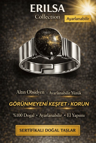 Sertifikalı Gold Siyah Obsidyen Yüzük Doğal Taş Ayarlanabilir El Yapımı Koruyucu Enerji Taşı ürün görseli 1