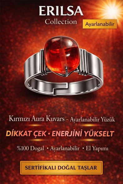 Sertifikalı Kırmızı Aura Kuvars Yüzük Doğal Taş Ayarlanabilir El Yapımı Enerji Taşı ürün görseli 1