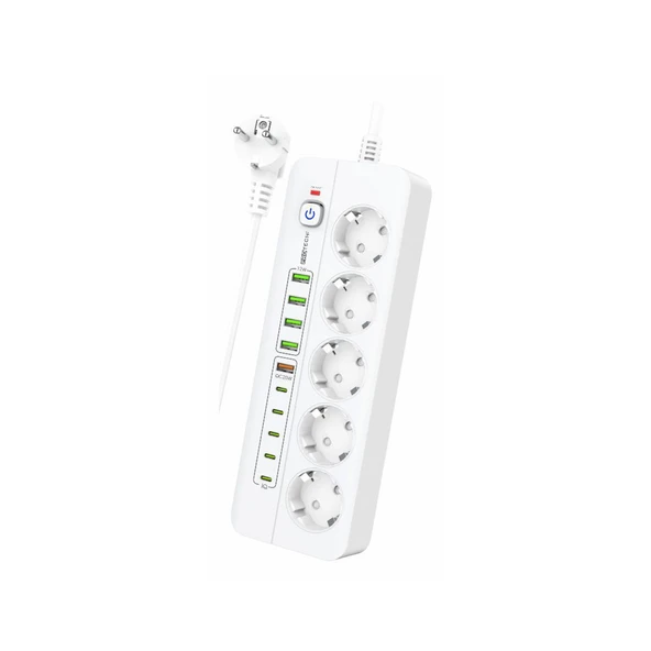 3000W Yeni Tasarım Akım Korumalı 5 USB'li ve 5 TYPE-C li 5'lı Grup Priz 2 m Uzatma Kablosu Beyaz ürün görseli 1
