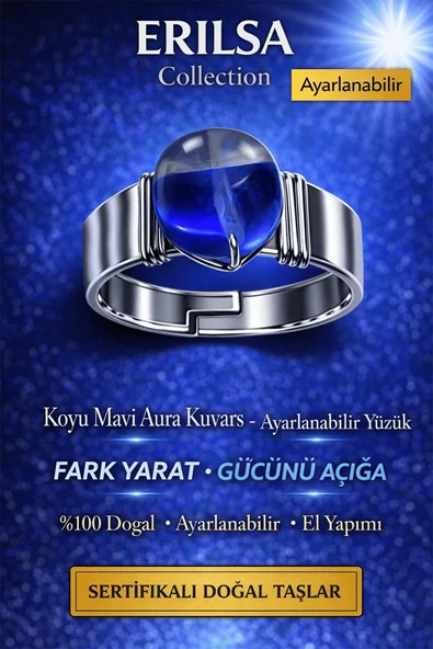 Sertifikalı Koyu Mavi Aura Kuvars Yüzük Doğal Taş Ayarlanabilir El Yapımı Şık Enerji Taşı ürün görseli 1