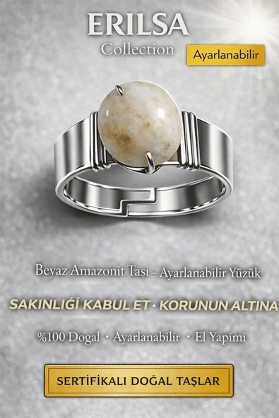 Sertifikalı Beyaz Amazonit Taşı Yüzük Doğal Taş Ayarlanabilir El Yapımı Şık Tasarım ürün görseli 1