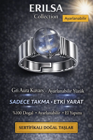 Sertifikalı Gri Aura Kuvars Yüzük Doğal Taş Ayarlanabilir El Yapımı Modern Tasarım ürün görseli 1