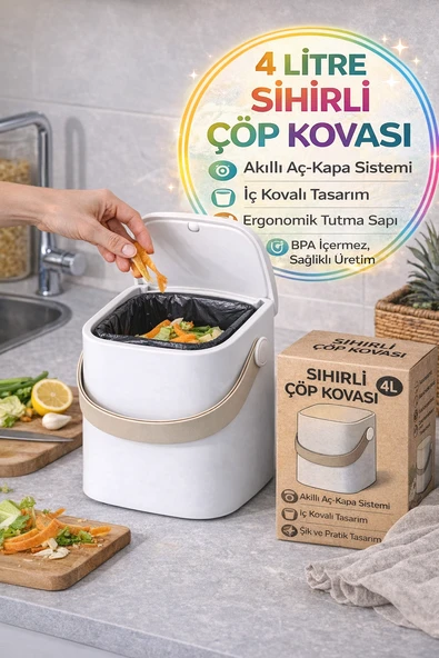 Beyaz Akıllı Kapaklı Tezgah Üstü Çöp Kovası İç Kovalı Tutma Saplı Pratik Mutfak Çöp Kutusu 4 Litre ürün görseli 1