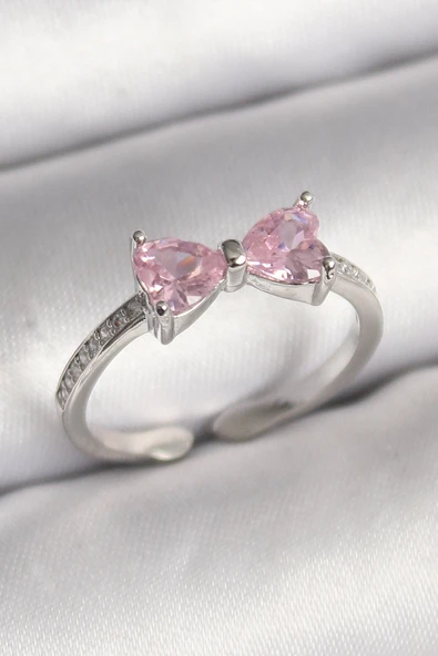 Pirinç Gümüş Renk Pembe Zirkon Taşlı Kalp Fiyonk Model Kadın Yüzük ürün görseli 1