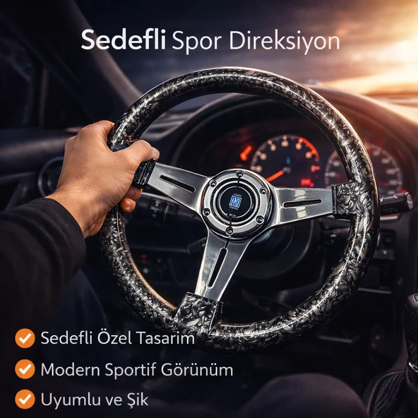 Sedefli Siyah Spor Direksiyon Momo Tip 35cm İthal Krom Detay 3 Kol Çizgili ürün görseli 1