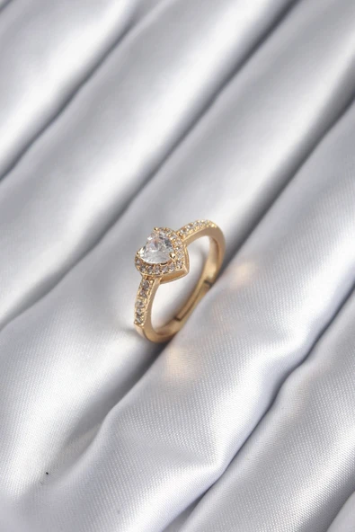 Pirinç Gold Renk Zirkon Taşlı Kalp Charm Model Kadın Yüzük ürün görseli 1