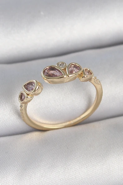 Pirinç Gold Renk Pembe Damla Zirkon Taşlı Ayarlanabilir Kadın Yüzük ürün görseli 1