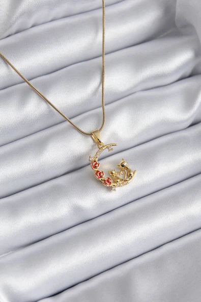 316L Çelik Gold Renk Hilal Kedi Model Zirkon Taşlı Detay Kadın Kolye ürün görseli 1
