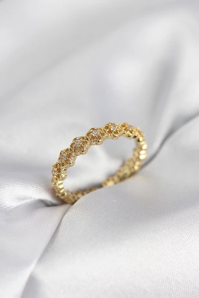 Sıralı Çiçek Model Gold Renk Zirkon Taşlı Kadın Yüzük ürün görseli 1
