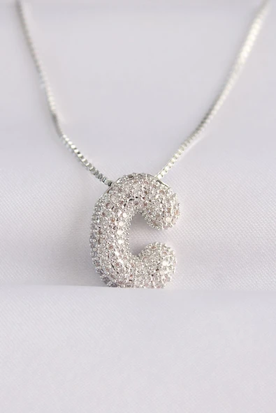 316L Çelik Zincirli Zirkon Taşlı C Harfli Silver Renk Bubble Kolye ürün görseli 1